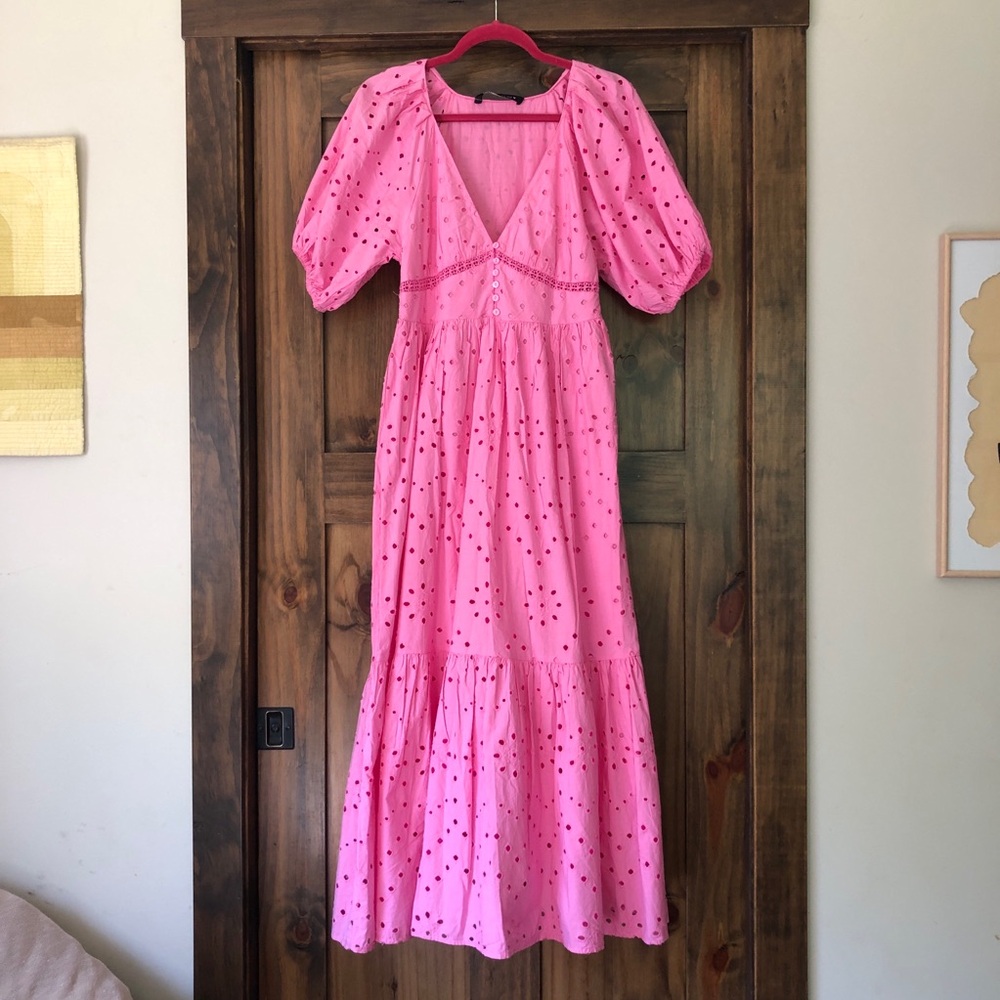 Zara pink tiered eyelet maxi dress NWOT lined open embroidery buttons v neckline